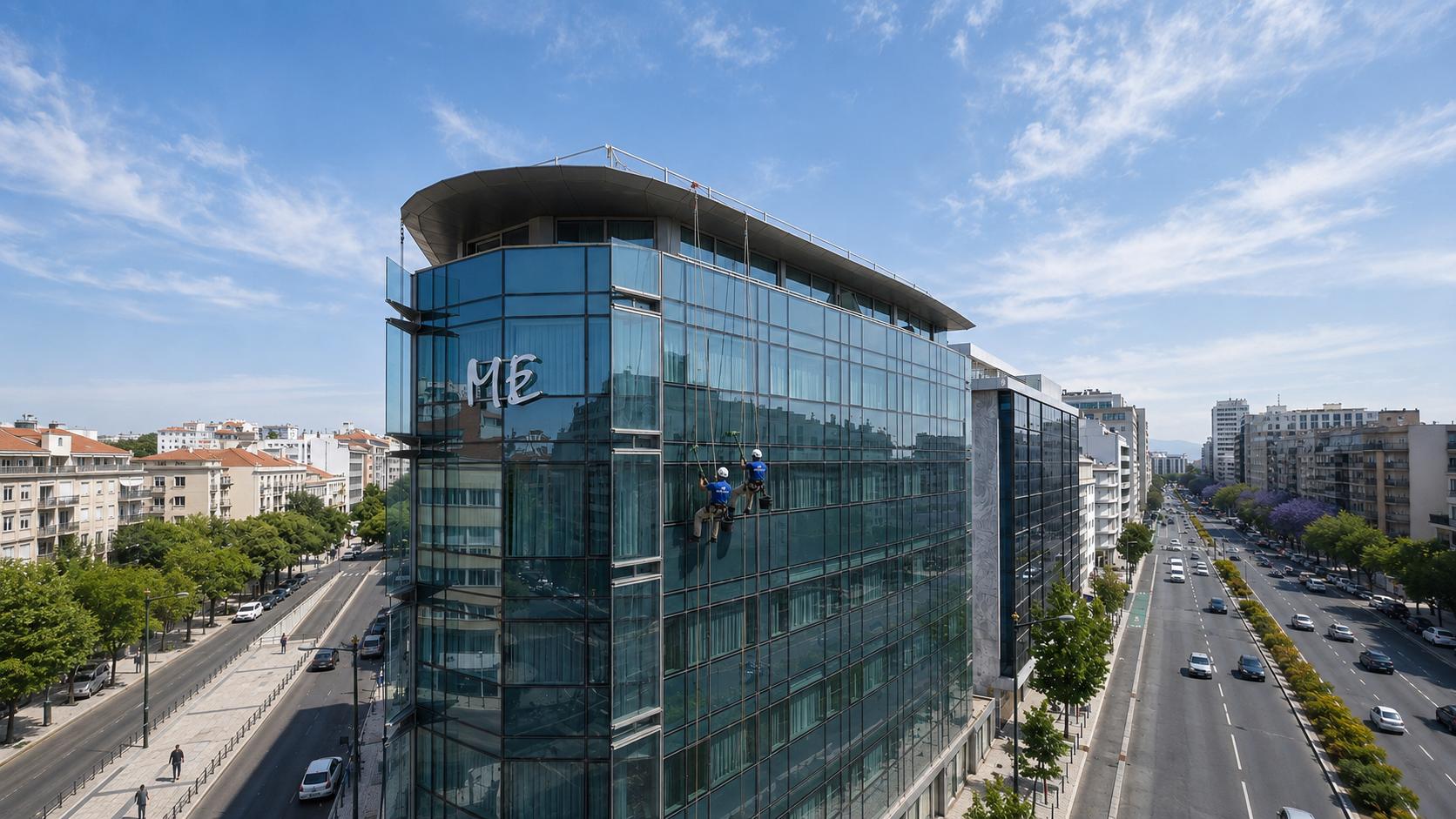 Técnicos da BrilhaVidro em rappel a limpar a fachada envidraçada de um hotel em Lisboa