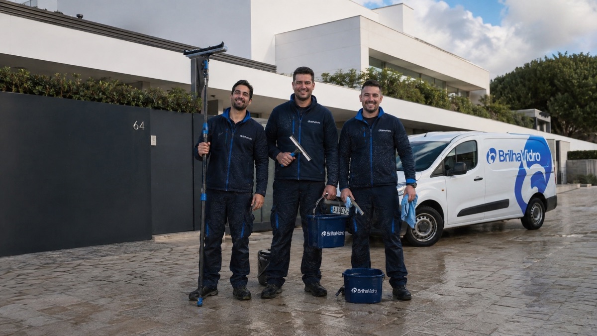 Equipa de limpeza de vidros da BrilhaVidro com viaturas próprias em Lisboa